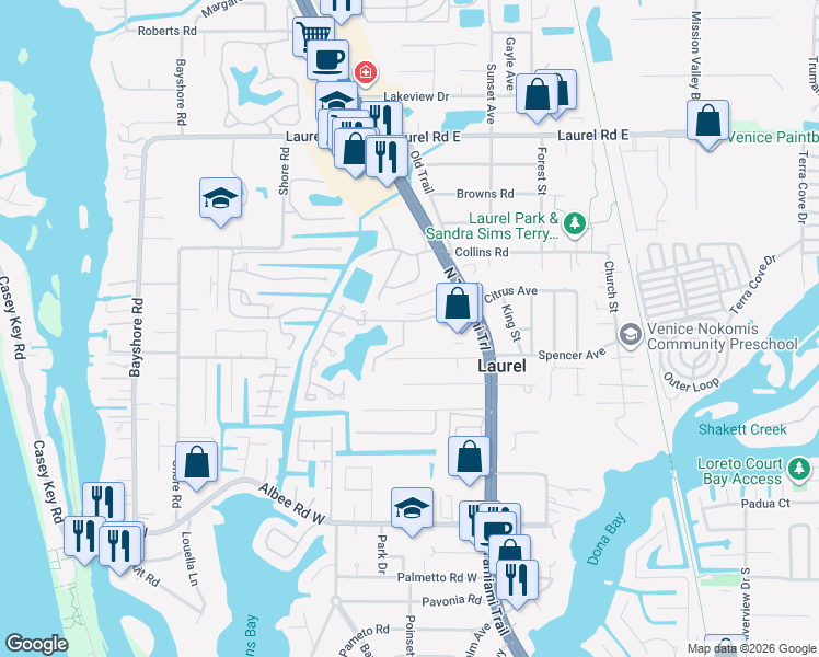 map of restaurants, bars, coffee shops, grocery stores, and more near 210 Sago Lane in Nokomis
