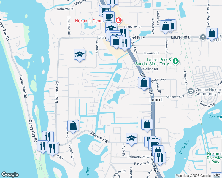 map of restaurants, bars, coffee shops, grocery stores, and more near 71 Inlets Boulevard in Nokomis