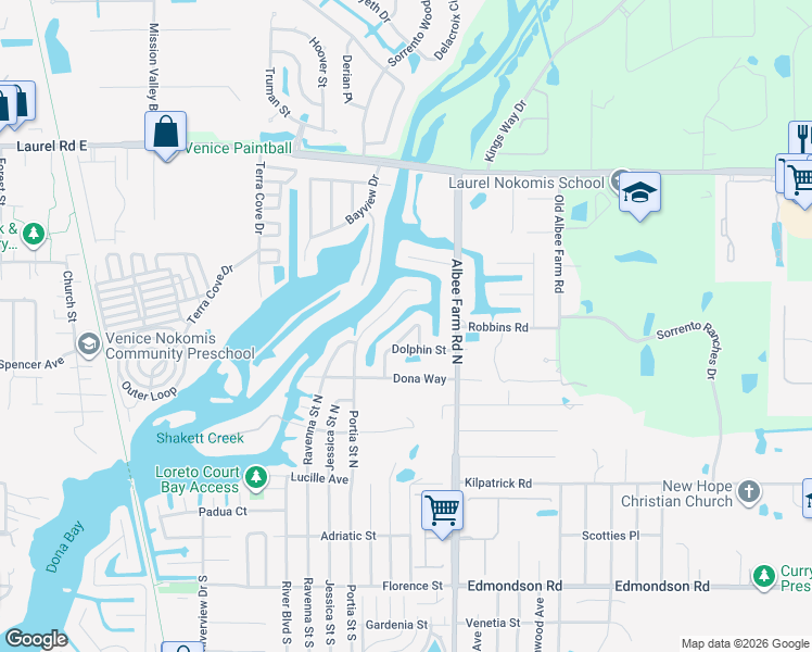 map of restaurants, bars, coffee shops, grocery stores, and more near 615 Bonito Avenue in Nokomis