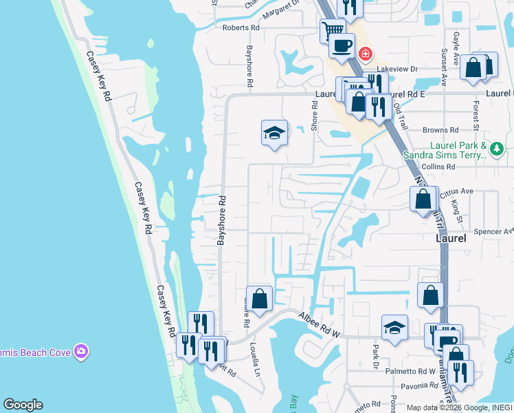 map of restaurants, bars, coffee shops, grocery stores, and more near 608 Shore Road in Nokomis