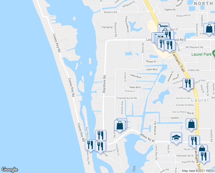 map of restaurants, bars, coffee shops, grocery stores, and more near 612 Bayshore Road in Nokomis