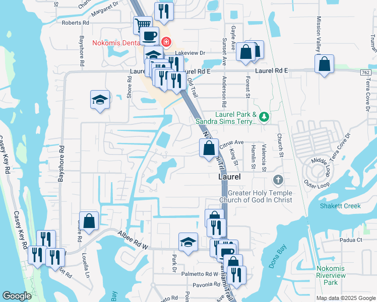 map of restaurants, bars, coffee shops, grocery stores, and more near 210 Sago Lane in Nokomis