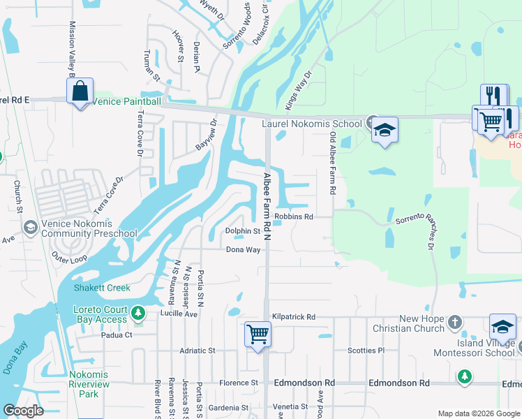 map of restaurants, bars, coffee shops, grocery stores, and more near 611 Albee Farm Road North in Nokomis