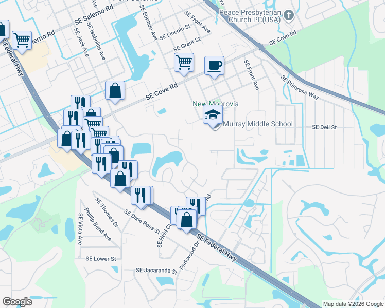 map of restaurants, bars, coffee shops, grocery stores, and more near 6007 Southeast Windsong Lane in Stuart