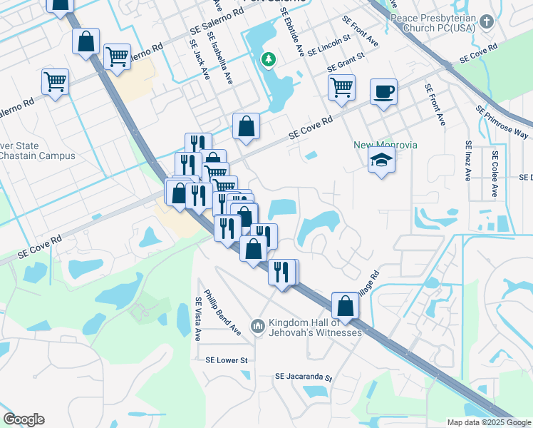 map of restaurants, bars, coffee shops, grocery stores, and more near 6417 Southeast Windsong Lane in Stuart