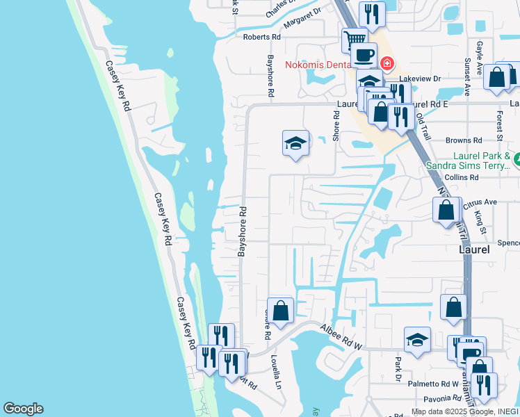 map of restaurants, bars, coffee shops, grocery stores, and more near 612 Bayshore Road in Nokomis