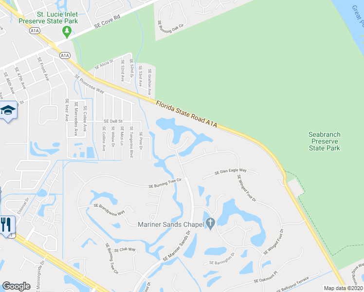 map of restaurants, bars, coffee shops, grocery stores, and more near 5627 Southeast Foxcross Place in Stuart