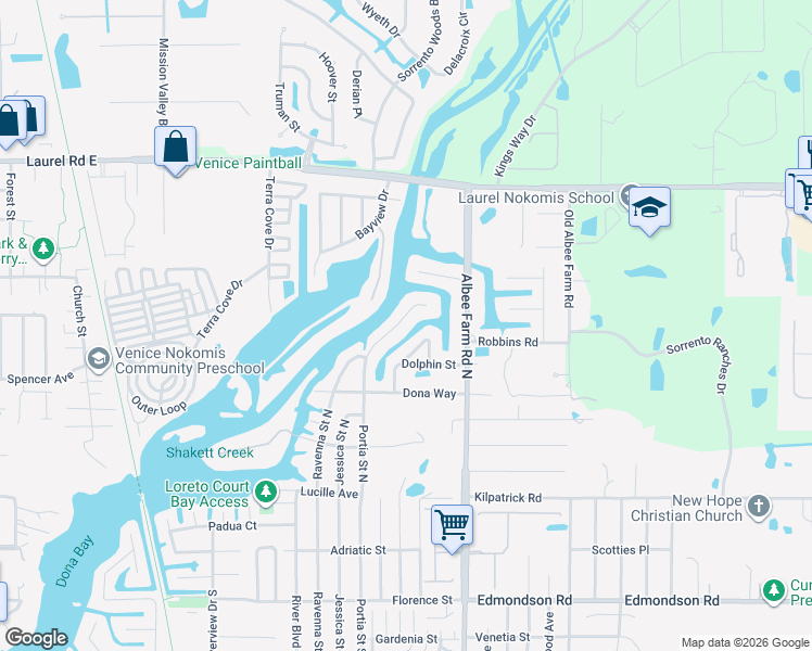 map of restaurants, bars, coffee shops, grocery stores, and more near 615 Bonito Avenue in Nokomis