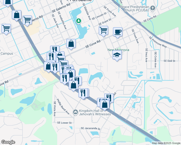map of restaurants, bars, coffee shops, grocery stores, and more near 6554 Southeast Windsong Lane in Stuart