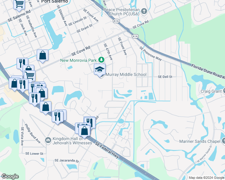 map of restaurants, bars, coffee shops, grocery stores, and more near 5823 Southeast 47th Avenue in Stuart