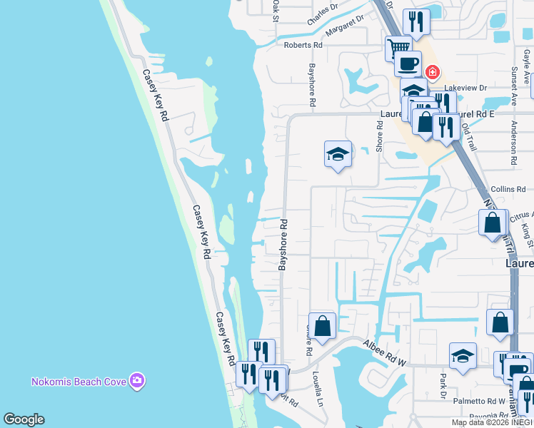 map of restaurants, bars, coffee shops, grocery stores, and more near 705 Bayshore Road in Nokomis