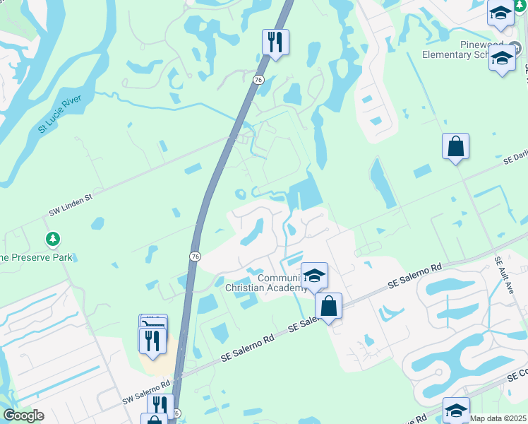 map of restaurants, bars, coffee shops, grocery stores, and more near 557 Southeast Southwood Trail in Stuart