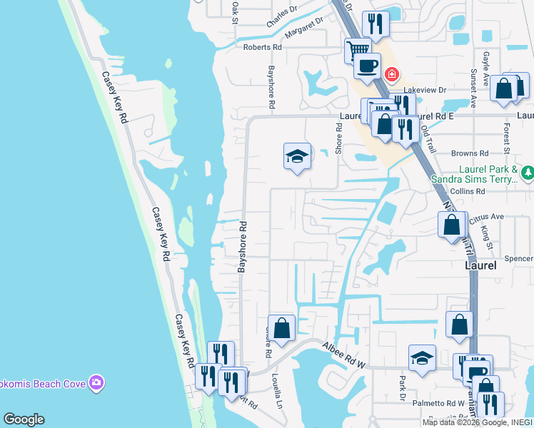 map of restaurants, bars, coffee shops, grocery stores, and more near 708 Shore Road in Nokomis