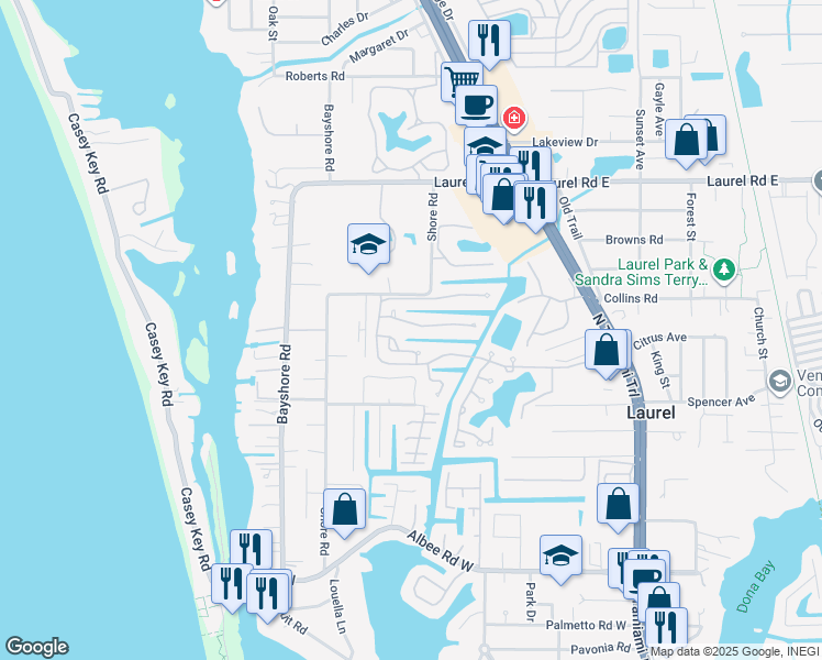 map of restaurants, bars, coffee shops, grocery stores, and more near 120 Inlets Boulevard in Nokomis