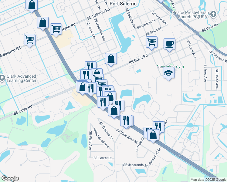 map of restaurants, bars, coffee shops, grocery stores, and more near 5742 Southeast Windsong Lane in Stuart