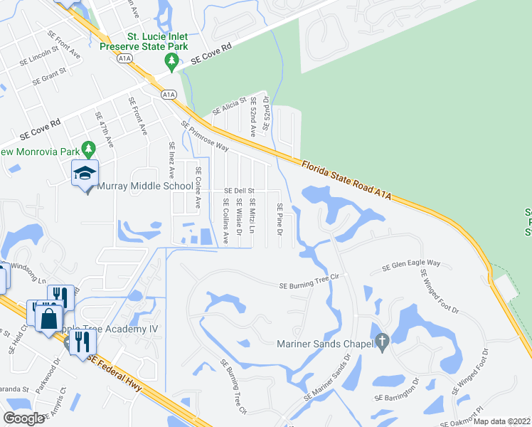 map of restaurants, bars, coffee shops, grocery stores, and more near Southeast Tangerine Boulevard in Stuart