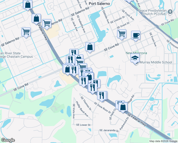 map of restaurants, bars, coffee shops, grocery stores, and more near 5752 Southeast Windsong Lane in Stuart