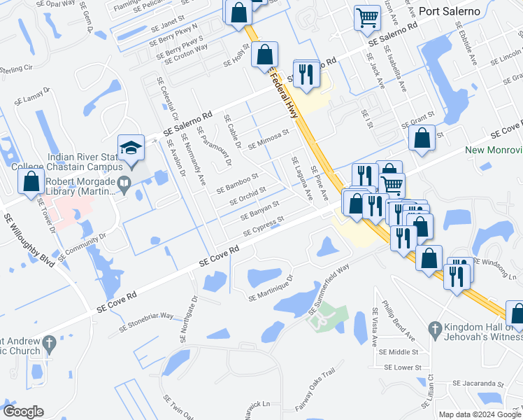 map of restaurants, bars, coffee shops, grocery stores, and more near 5836 Rosemont Avenue in Stuart