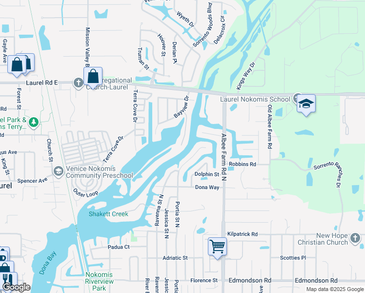 map of restaurants, bars, coffee shops, grocery stores, and more near 705 Shakett Creek Drive in Nokomis