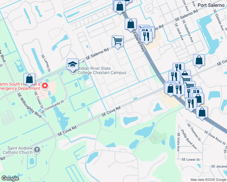 map of restaurants, bars, coffee shops, grocery stores, and more near 2938 Southeast Orchid Street in Stuart