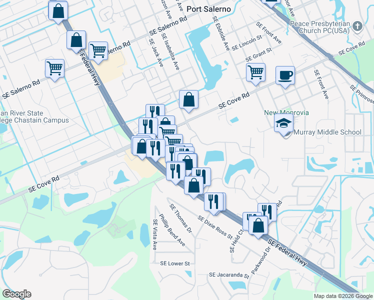 map of restaurants, bars, coffee shops, grocery stores, and more near 5752 Southeast Windsong Lane in Stuart