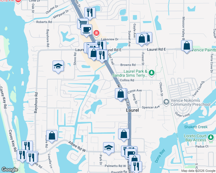 map of restaurants, bars, coffee shops, grocery stores, and more near 508 Jenny Drive in Nokomis