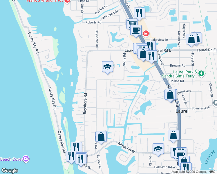 map of restaurants, bars, coffee shops, grocery stores, and more near 79 Inlets Boulevard in Nokomis
