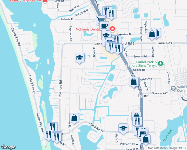map of restaurants, bars, coffee shops, grocery stores, and more near 123 Inlets Boulevard in Nokomis