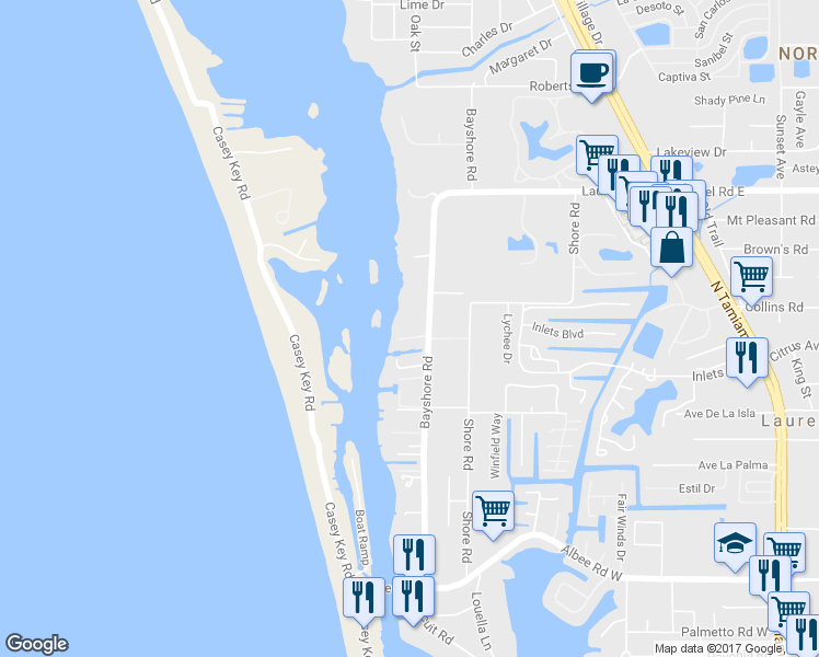 map of restaurants, bars, coffee shops, grocery stores, and more near 705 Bayshore Road in Nokomis
