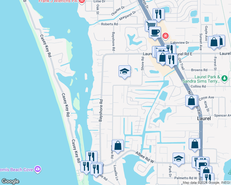 map of restaurants, bars, coffee shops, grocery stores, and more near 708 Shore Road in Nokomis