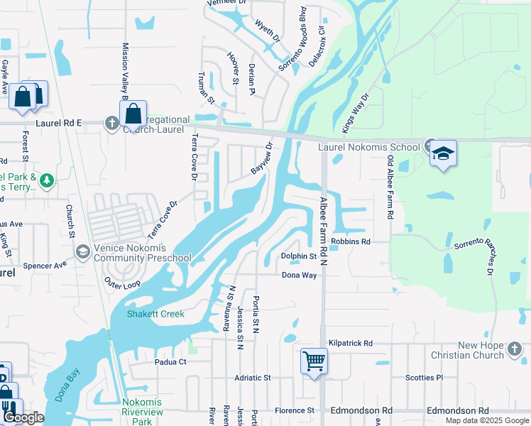 map of restaurants, bars, coffee shops, grocery stores, and more near 705 Shakett Creek Drive in Nokomis