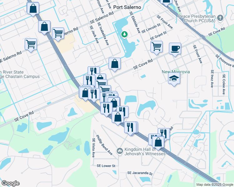 map of restaurants, bars, coffee shops, grocery stores, and more near 5752 Southeast Windsong Lane in Stuart
