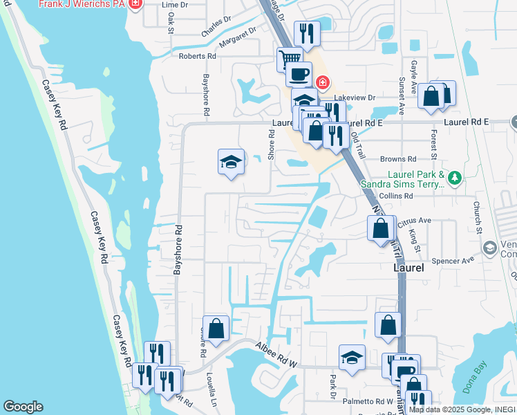 map of restaurants, bars, coffee shops, grocery stores, and more near 120 Inlets Boulevard in Nokomis