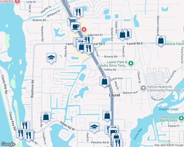 map of restaurants, bars, coffee shops, grocery stores, and more near 508 Jenny Drive in Nokomis