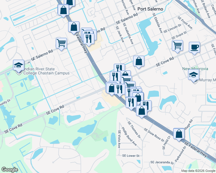 map of restaurants, bars, coffee shops, grocery stores, and more near US-1 & SE Cove Rd in Stuart