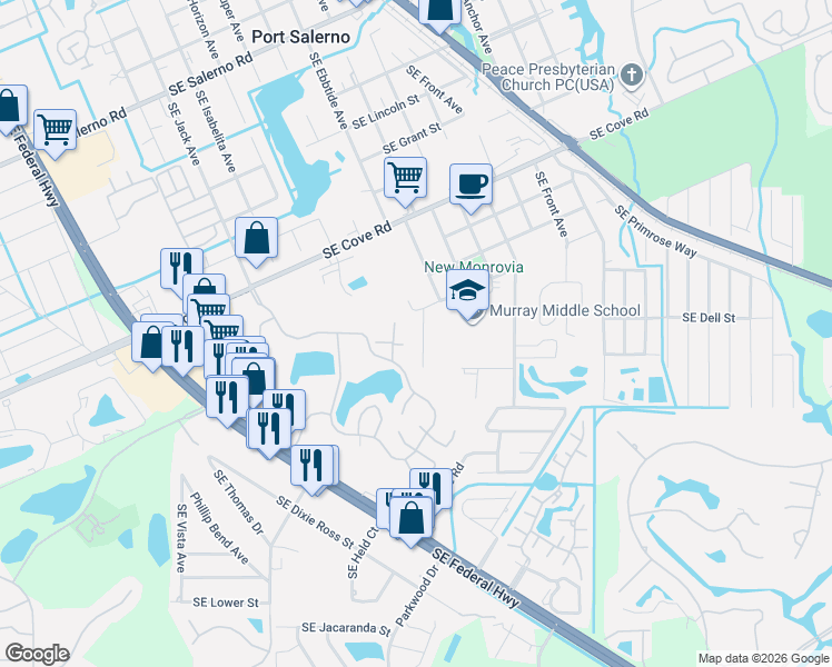 map of restaurants, bars, coffee shops, grocery stores, and more near 5852 Southeast Wesley Avenue in Stuart
