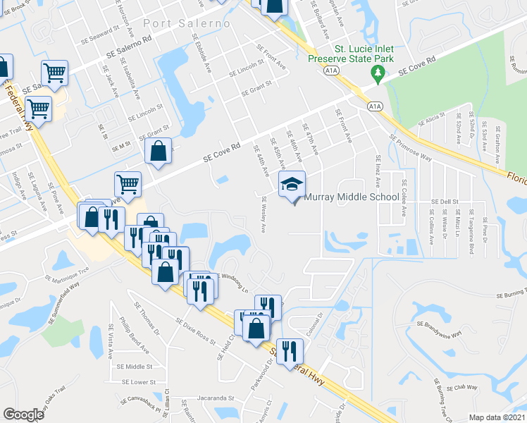 map of restaurants, bars, coffee shops, grocery stores, and more near 5800 Southeast Wesley Avenue in Stuart