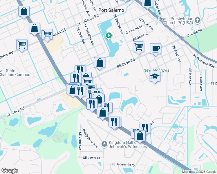 map of restaurants, bars, coffee shops, grocery stores, and more near 5836 Southeast Windsong Lane in Stuart