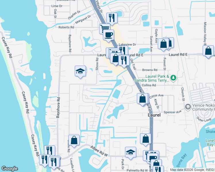 map of restaurants, bars, coffee shops, grocery stores, and more near 132 Inlets Boulevard in Nokomis