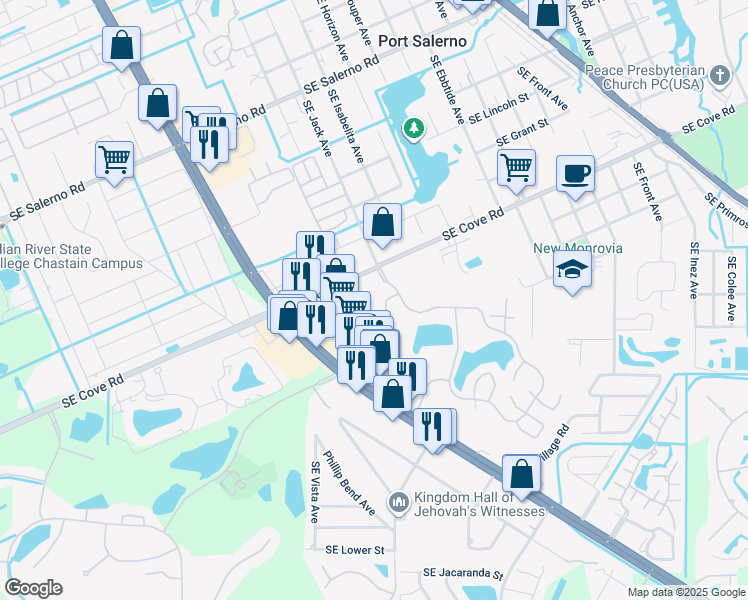 map of restaurants, bars, coffee shops, grocery stores, and more near 5689 Southeast Windsong Lane in Stuart