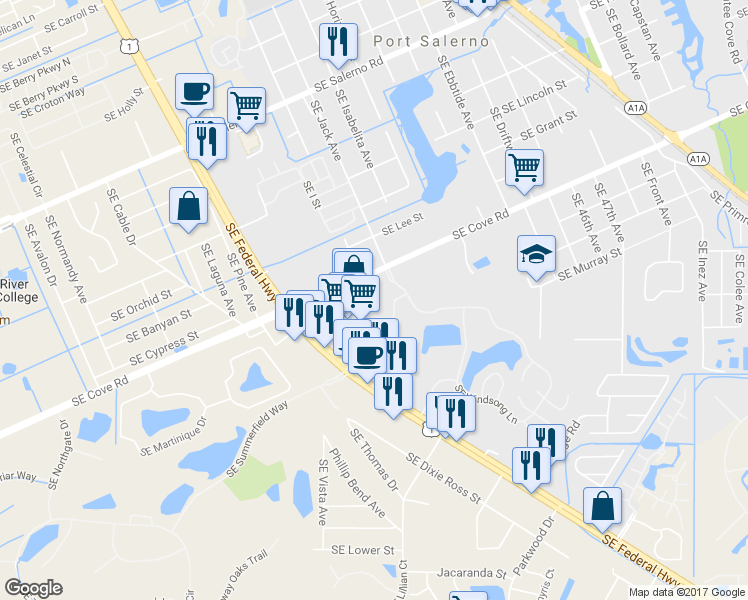 map of restaurants, bars, coffee shops, grocery stores, and more near 5638 Southeast Windsong Lane in Stuart