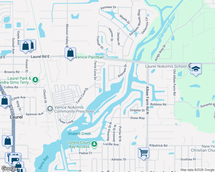 map of restaurants, bars, coffee shops, grocery stores, and more near 799 Bayview Drive in Nokomis