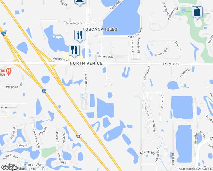 map of restaurants, bars, coffee shops, grocery stores, and more near 3530 Laurel Road East in Venice