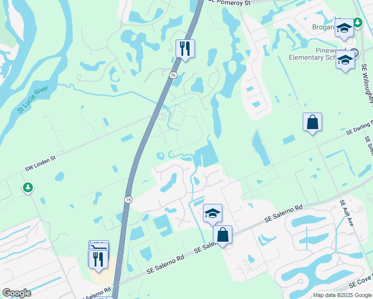 map of restaurants, bars, coffee shops, grocery stores, and more near 5755 Southeast Green Lane in Stuart