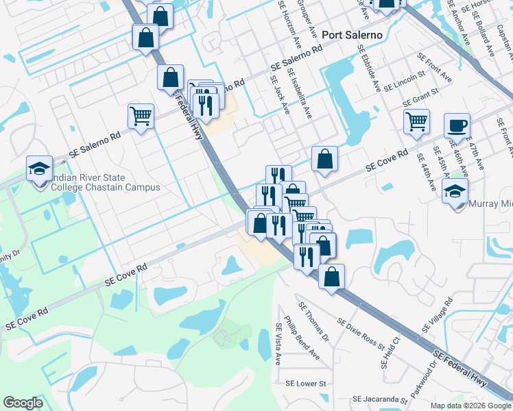 map of restaurants, bars, coffee shops, grocery stores, and more near 5755 U.S. 1 in Stuart