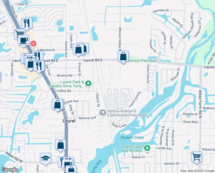 map of restaurants, bars, coffee shops, grocery stores, and more near 641 Fantail Way in Nokomis