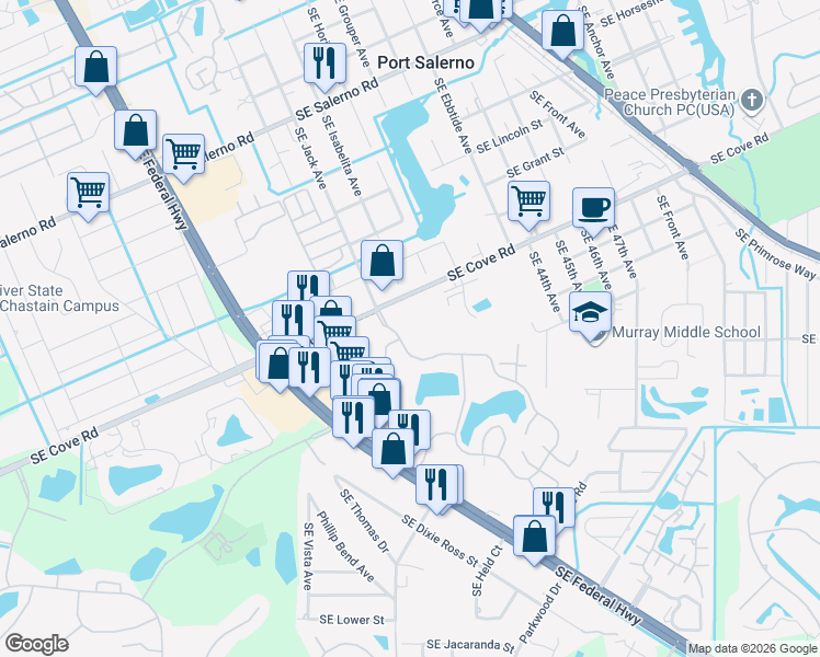 map of restaurants, bars, coffee shops, grocery stores, and more near 5679 Southeast Windsong Lane in Stuart