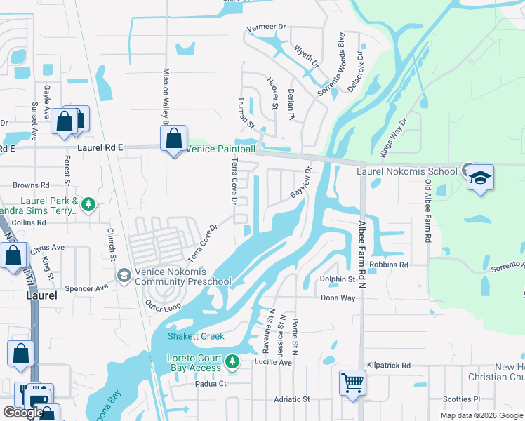 map of restaurants, bars, coffee shops, grocery stores, and more near 799 Bayview Drive in Nokomis