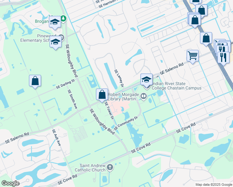 map of restaurants, bars, coffee shops, grocery stores, and more near Southeast Salerno Road in Stuart