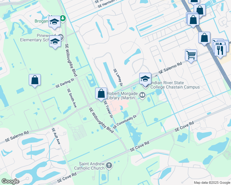 map of restaurants, bars, coffee shops, grocery stores, and more near Southeast Salerno Road in Stuart